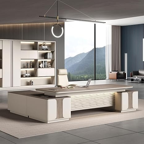 Modern Luxury L-Shape Executive Desk Large Business Office Desk Furniture with Light Strip, Lateral Cabinet for CEO Boss Manager