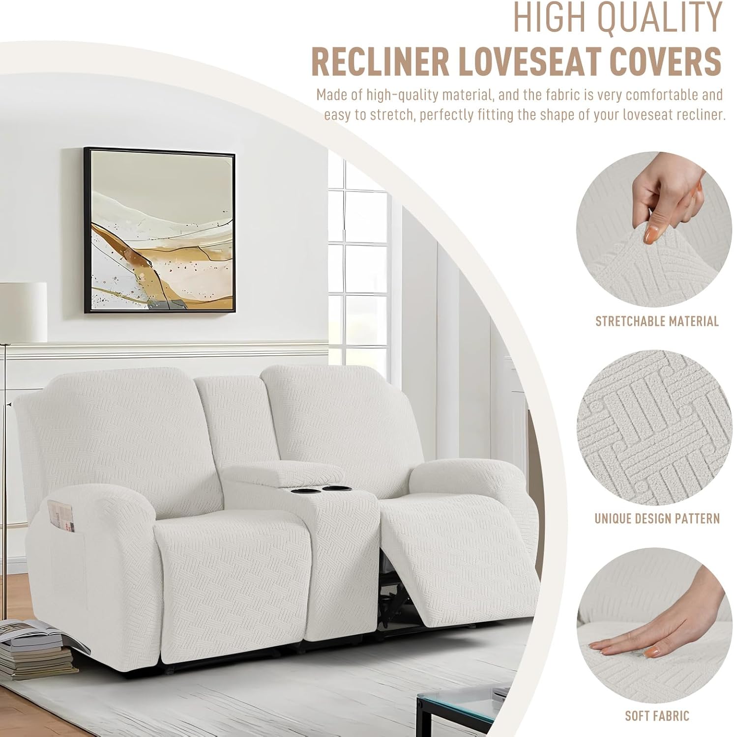 KinCam Loveseat Recliner Covers with Middle Console Slipcover, Recliner Sofa Covers 2 Seat Couch Cover Stripe Jacquard Furniture Protector Covers with Elastic Bottom for Kids, Pets (Cream)