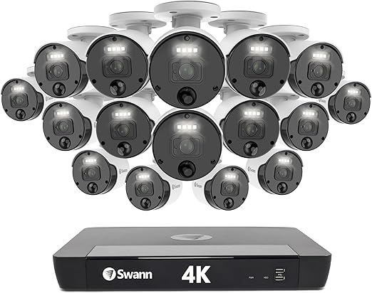 Swann 4K Master Security Camera,16 Channel NVR with 2TB HDD, 16x Bullet IP Cameras, Indoor/Outdoor PoE Wired, 24/7 Home Surveillance, Color Night Vision, True Detect, Spotlights, 1676816