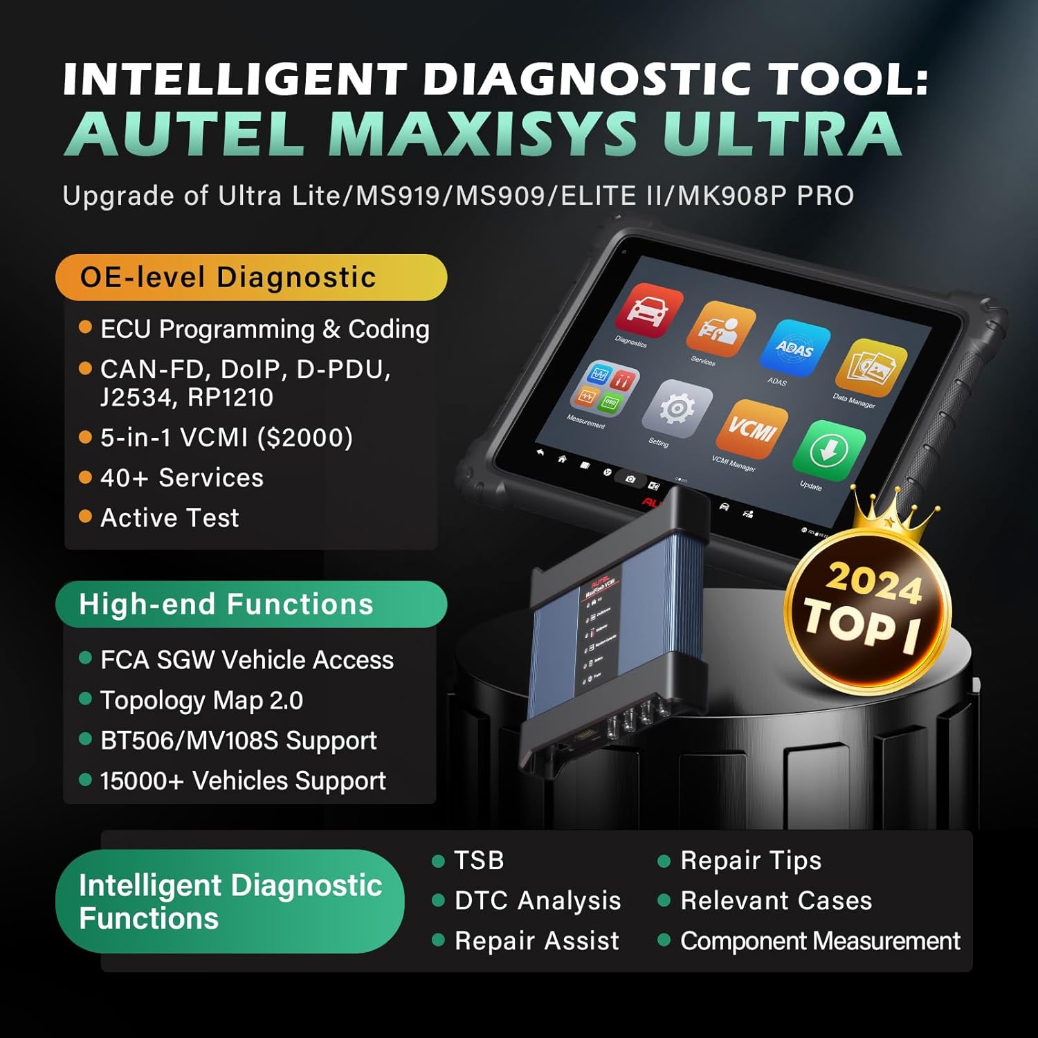 Autel MaxiSys Ultra Autel Scanner: 2024 Top Automotive Intelligent Diagnostic Scan Tool with 5-in-1 VCMI, J2534 ECU Programming, 40+ Services, Topology Map, Upgraded of MS908S Pro Elite/MS909/MS919