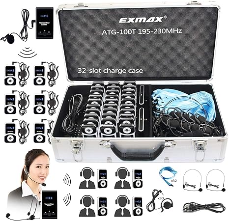 EXMAX ATG-100T 195MHz Wireless Tour Guide System Voice Audio Transmission +32-Slot Charge Case for School Teaching Tour Guides Conference Church Translation City Trip(2 Transmitters and 30 Receivers)