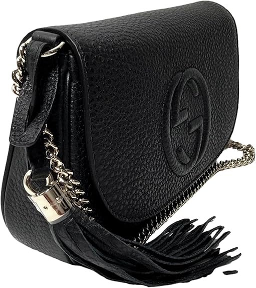 Gucci Soho Leather Flap Shoulder Bag Black Gold Tassel New Authentic