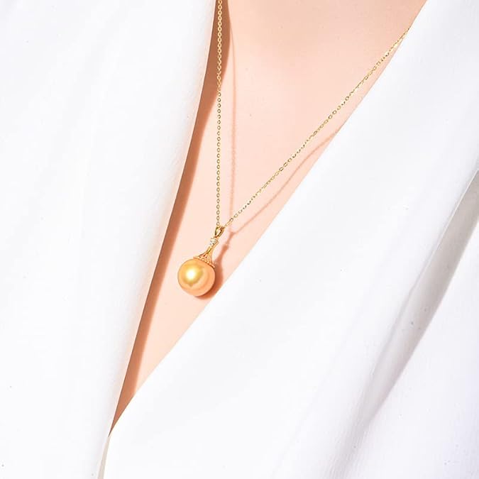 Genuine South Sea Pearl Necklace, Saltwater Golden Pearl And 18K Gold Pearl Pendant Necklace, Golden Pearl Wedding Birthday Anniversary Jewelry Gifts for Women Her Grandma Wife