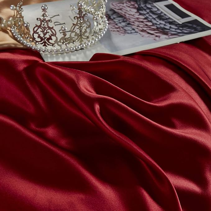 Orose 4Pcs 25MM Silk Duvet Cover Set 100% Seamless Silk Sheets Charmeuse Mulberry Silk Bedding Sheet Set (Red, King)