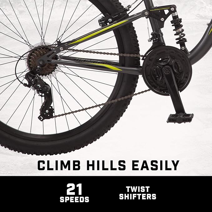 Mongoose Status Mens and Womens Mountain Bike, 26-27.5-Inch Wheels, 21-Speed, Aluminum Frame, Dual and Front Suspension