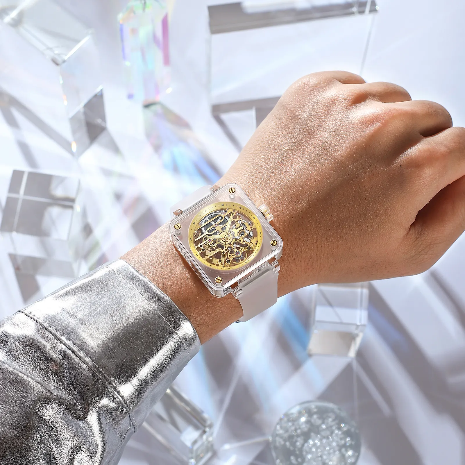 OEM Customize Waterproof Brand Skeleton Strap Luxury Automatic Watches Wrist Synthetic Sapphire Mechanical Watch For Men