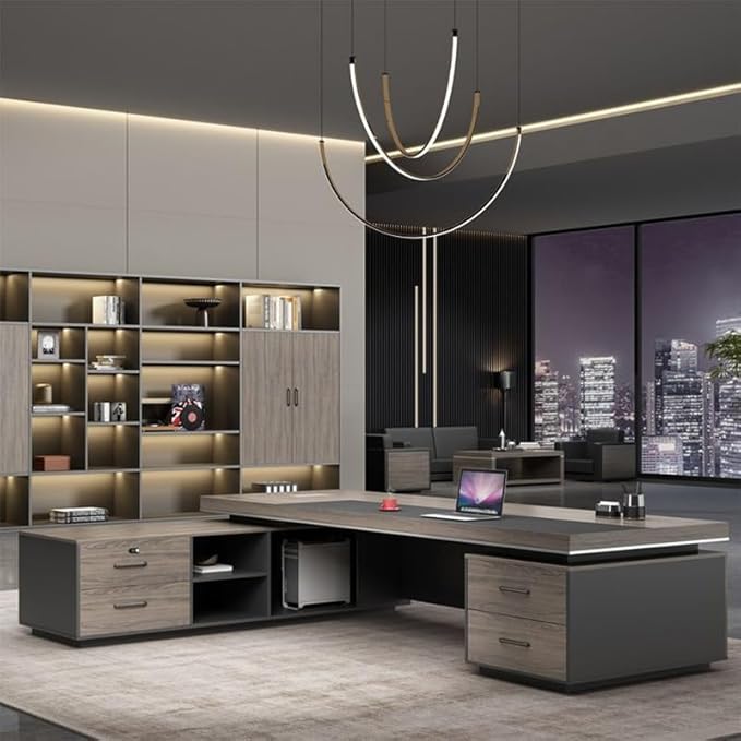 Modern 102IN Luxury Executive Desk, Manufactured Wood L-Shape Office Executive Desks with Cabinet Storage, Business Home Office Computer Desk with Drawers for CEO Boss Manager(94in)