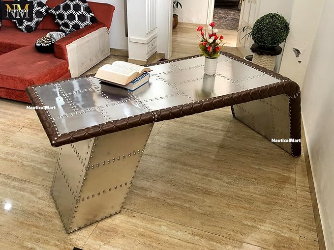 NauticalMart Aviator Wing Desk with Storage Aluminum and Leather Office Desk Silver and Brown (72 Inches)