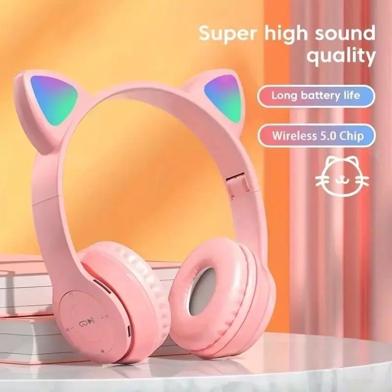 P47M Wireless Headphone Cute Cat Ear Bluetooth Headset LED Children Stereo Folding Sports Microphone