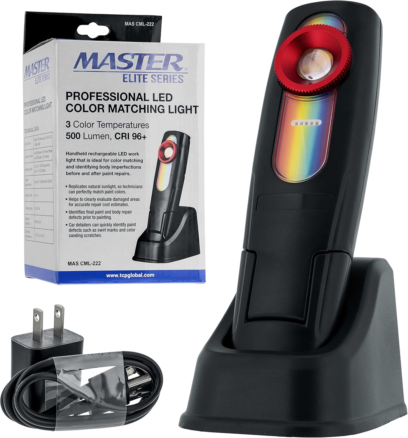 Master Elite - LED Color Matching Light, 500 Lumen - Exact Paint Color Match, Replicates Natural Sunlight for Perfect Match - 3 Color Temperatures, Handheld Rechargeable Work Light,Bodyshop Repair