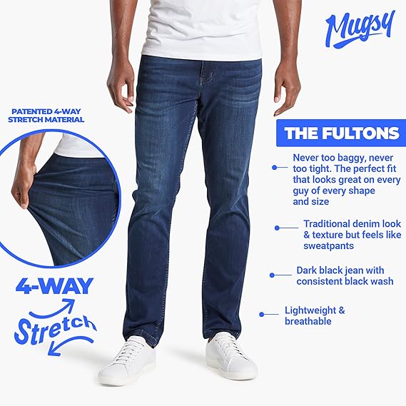 Mugsy Mens Jeans, Classic Fit, Stretch Denim Jeans for Men, Comfortable, Flexible Pants, True to Size