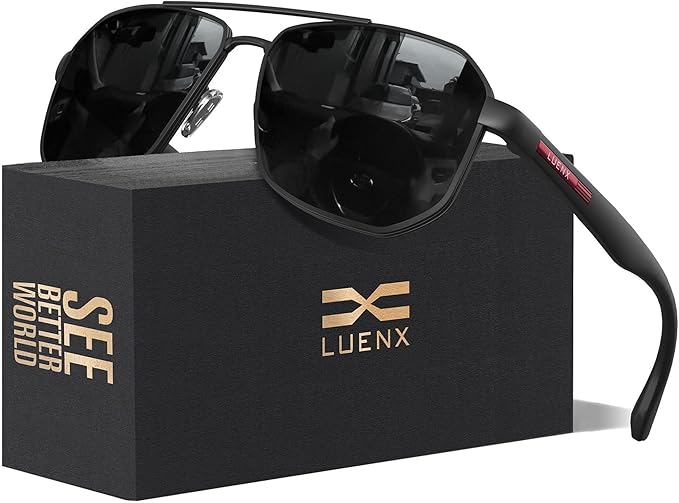 LUENX Aviator Sunglasses for Men Square Polarized Polygon Lens - UV 400 Protection with Accessories 61MM Driving Outdoor