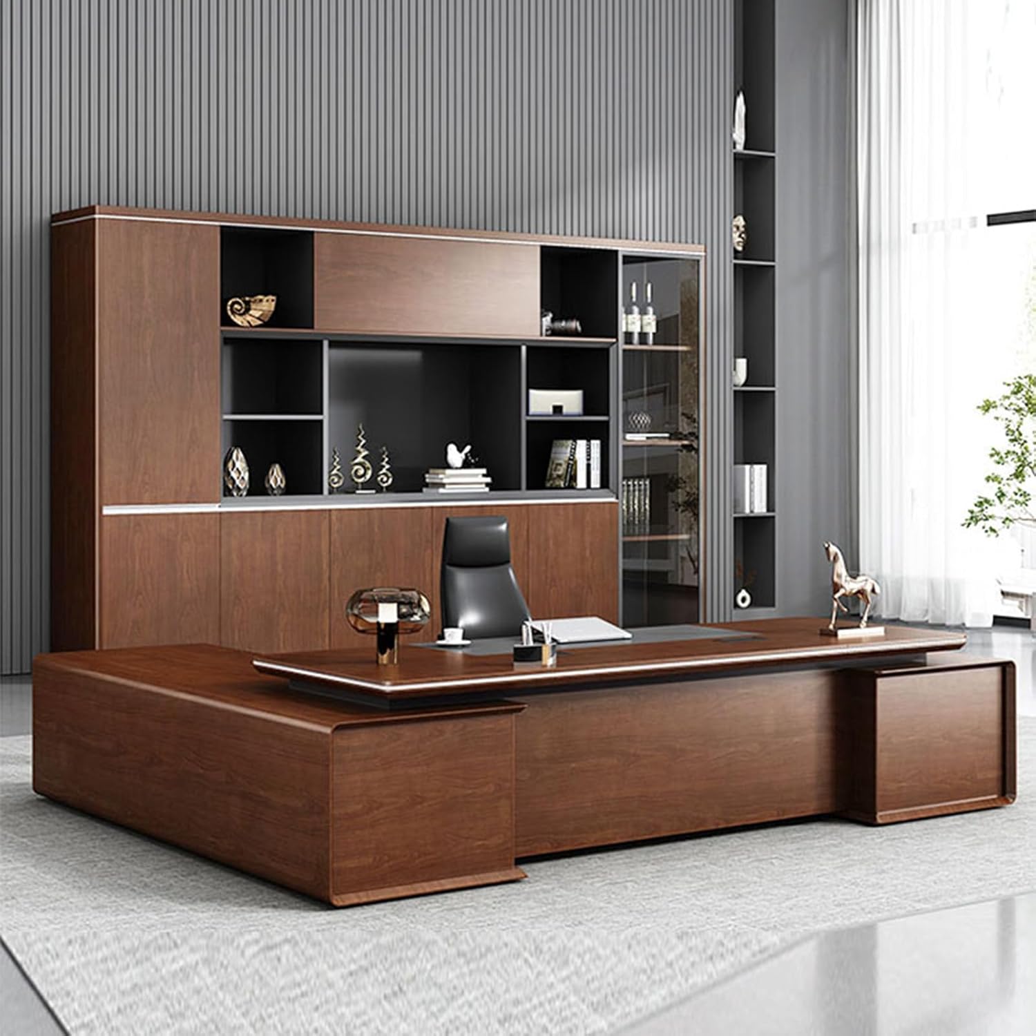 Brown Executive Desk with File Drawers, Rustic L Shaped Computer Desk with Storage Cabinet Business Furniture