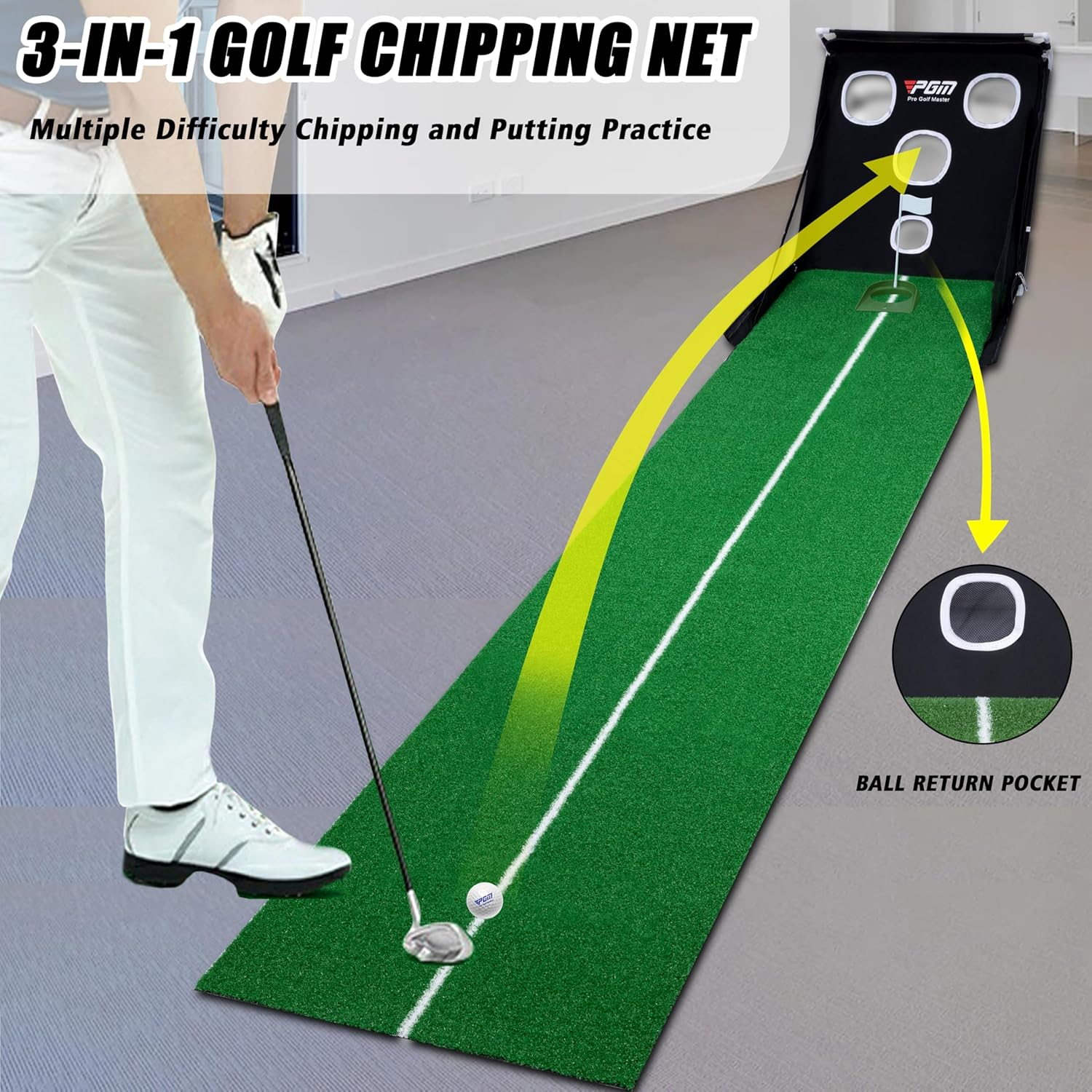 PGM Putting Green Indoor Golf Mat - Automatic Ball Return & Chipping Net for Home Use, Golf Practice Accessories, Great Gift for Golfers