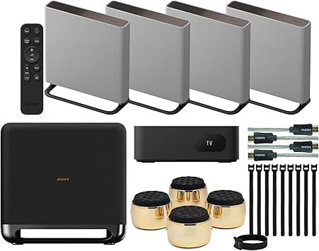 Sony BRAVIA Theater Quad Home Theater Surround Sound System with 4 Wireless Speakers (Gray) Bundle SASW5 Wireless Subwoofer, Monitor Isolation Pads, HDMI Cable, and Cable Ties (5 Items)