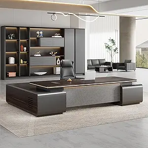 Modern Business L-Shape Luxury Executive Desk Business Furniture Desks Workstation Large Storage with Lateral Cabinet, Drawers