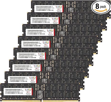 V-Color DDR5 768GB (96GBx8) 6000MHz CL36 6Gx4 2Rx4 OC R-DIMM (Overclocking ECC Registered DIMM) 1.25V Memory Ram for WRX90 Workstation (AMD Expo) (TRA596G60D436O)