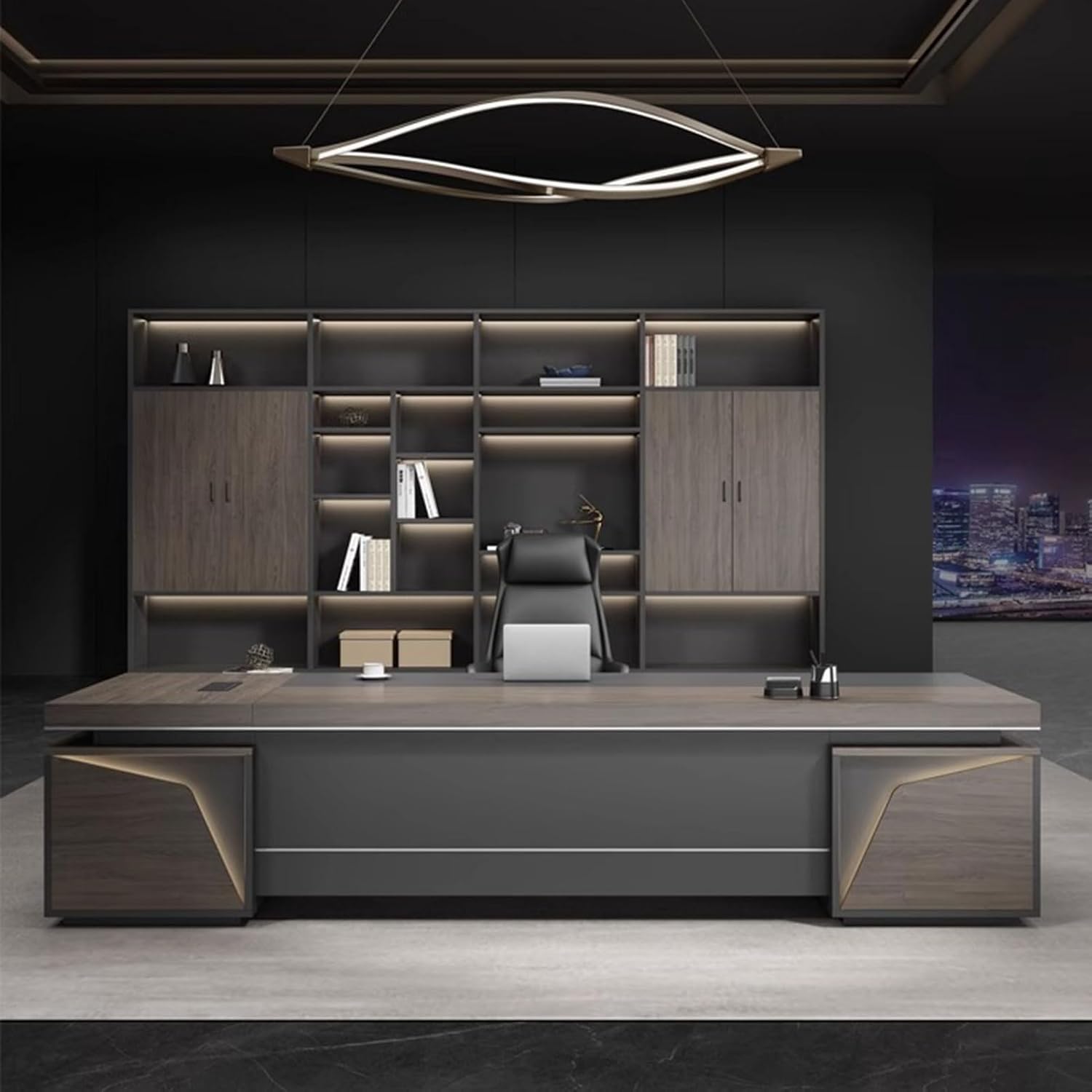 Modern L-Shaped Executive Desk with File Drawers and USB Ports, Large Brown Wood Office Desk Business Furniture Set Workstation for Home Office