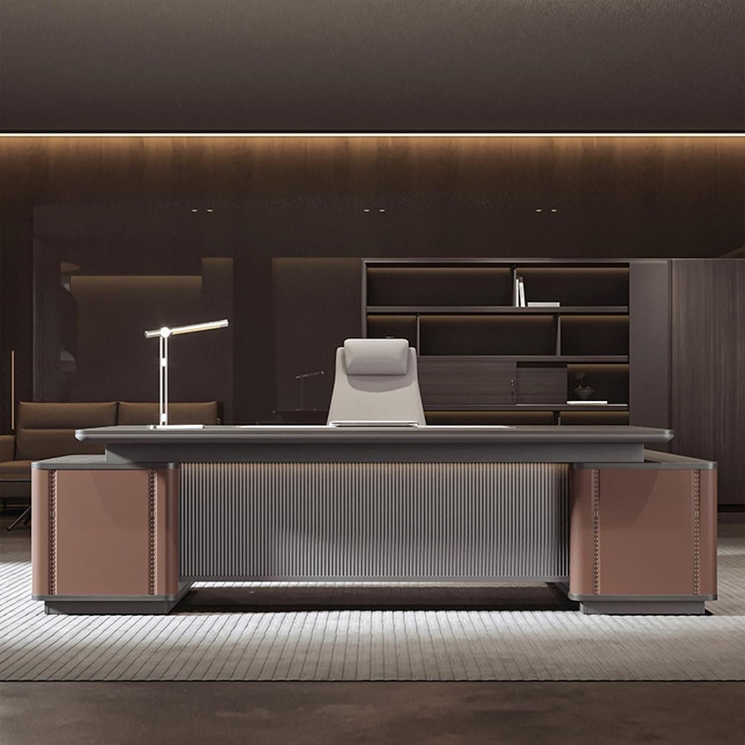 Large Business Computer Table Furniture Modern L-Shape Executive Desk Luxury Solid Wood Desks with Light Strip and Lateral Cabinet