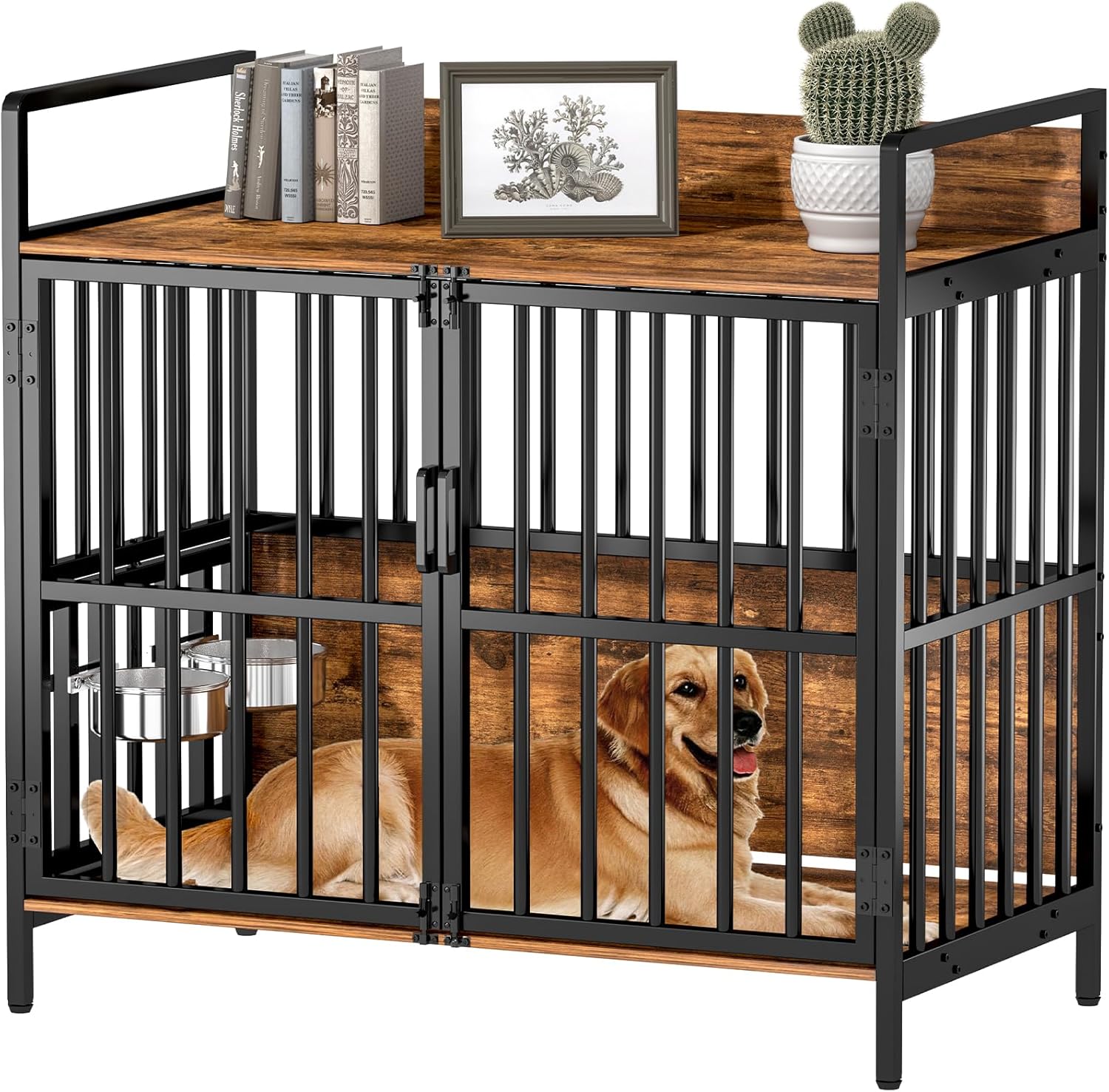 41" W Large Dog Crate Furniture, with 360° Adjustable Elevated Feeder, Heavy Dog Furniture, Indoor Decorative Dog Kennel, Sturdy Metal Construction, 41" W×21" D×36" H, Rustic Brown Finish