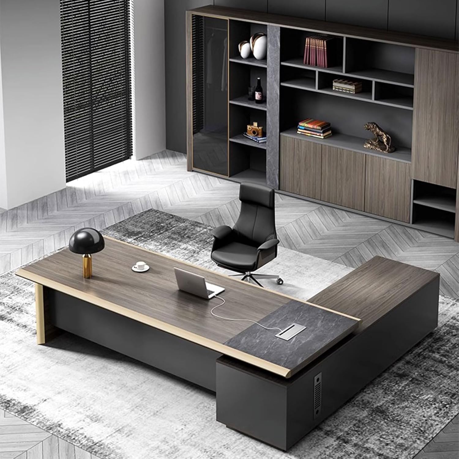 Luxury Extra Large L-Shaped Office Desk with File Drawers and Cable Management, Modern Executive Desk with Storage Cabinet Business Furniture Set Workstation for Home Office