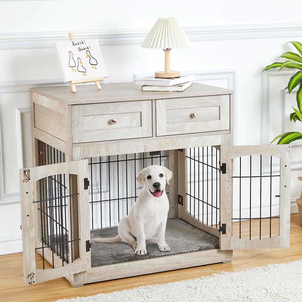 Dog Crate Furniture with Drawers, Wooden Dog Kennel Furniture for Large Breed,End Table Wood Dog House for Indoor Use,Dog Crate for Small/Medium/Large Dog