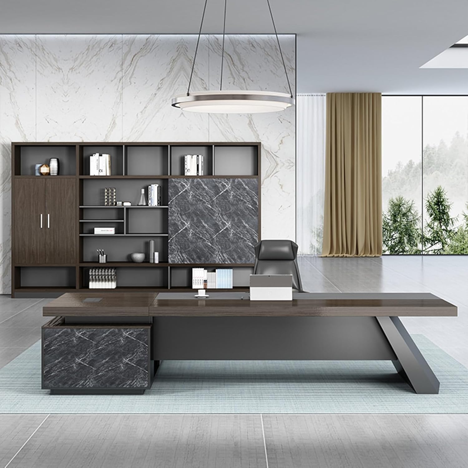 L Shaped Wood Executive Desk with File Cabinet, Large Computer Desk with Bottom Shelves for CEO Boss Manager Business Furniture Set Workstation for Home Office