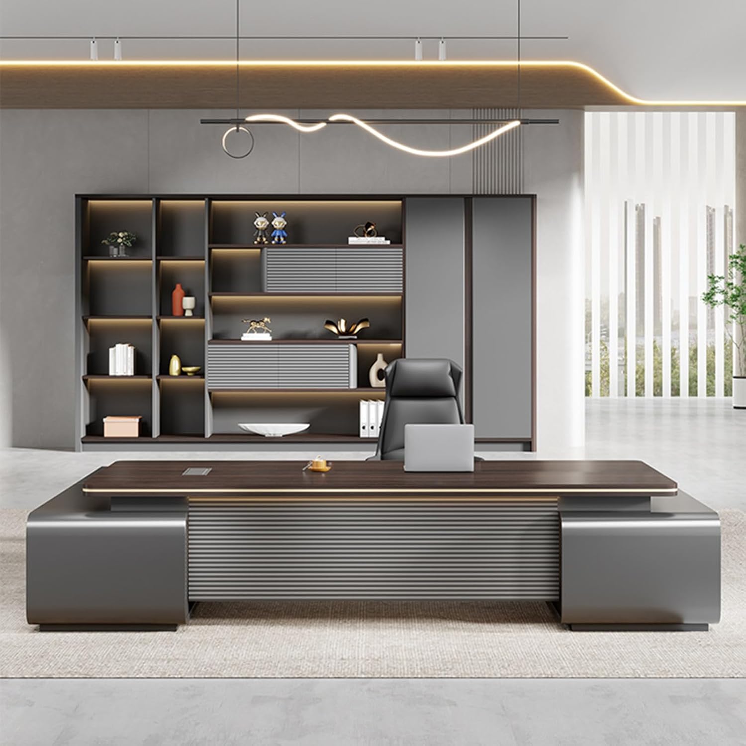 Modern L Shaped Executive Desk with File Drawers, 94 inch Extra Large Computer Desk with Bottom Shelves Business Furniture Set Workstation for Home Office