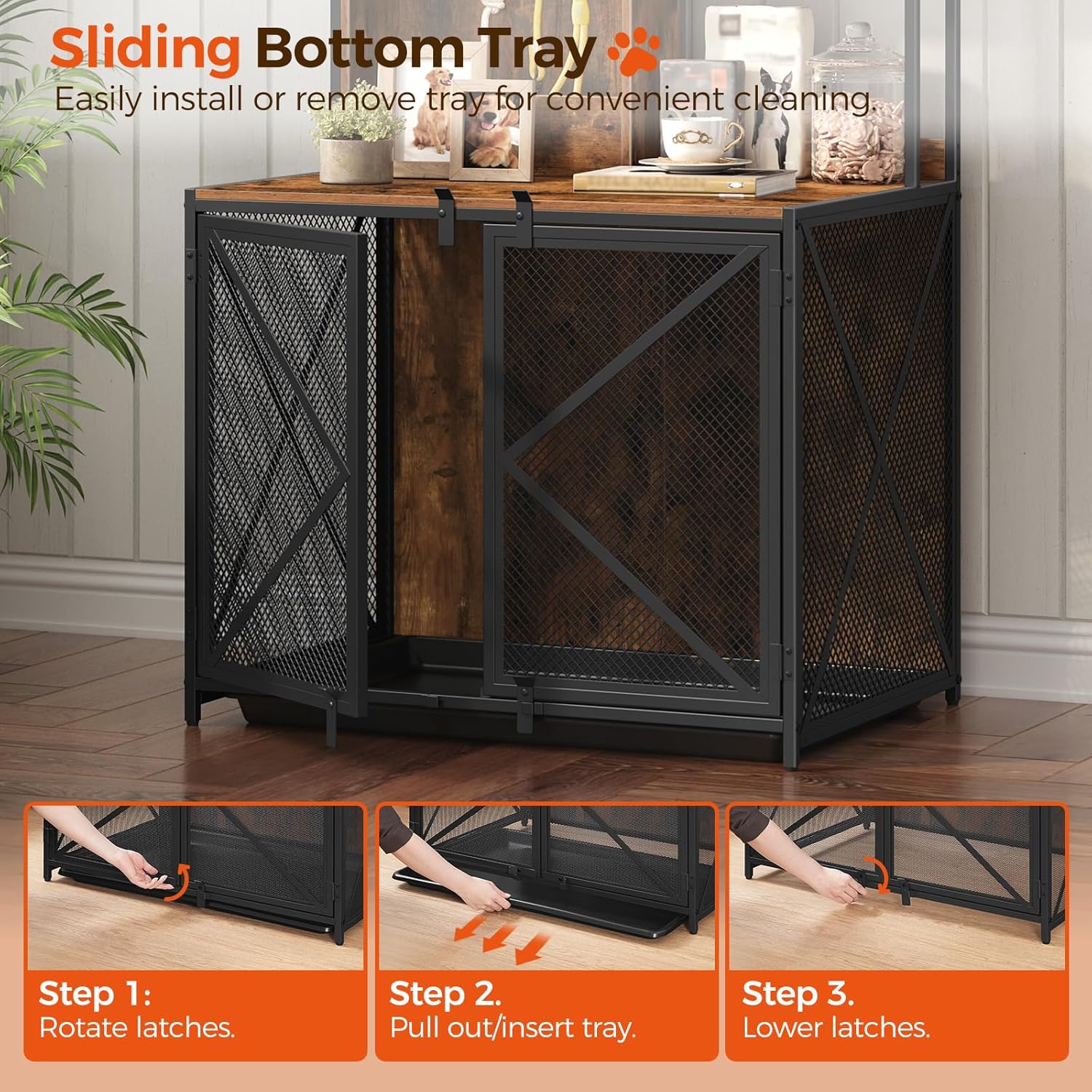 Dog Crate Furniture with Storage Shelves, Heavy Duty Dog Kennel with Tray and Dog Leash Hooks, Wooden Decorative Dog Cage for Small Medium Dog, Indoor Dog House, Rustic Brown DCHR12701