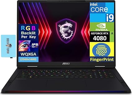 MSI Raider 18 HX Gaming Laptop 18" 240 Hz WQXGA (24-Core Intel i9-14900HX, GeForce RTX 4080, 32GB DDR5, 2x1TB PCIe SSD RAID 1, Per Key RGB KYB, 2 Thunderbolt 4, Wi-Fi 7, VR Ready, W11H) w/Dkz Hub