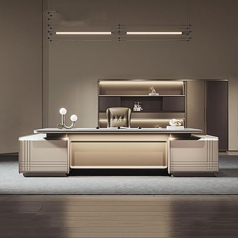 Modern L-Shape Luxury Executive Desk, Business Furniture Large Home Office Desks Computer Table with Light Strip, Fingerprint Password Lock