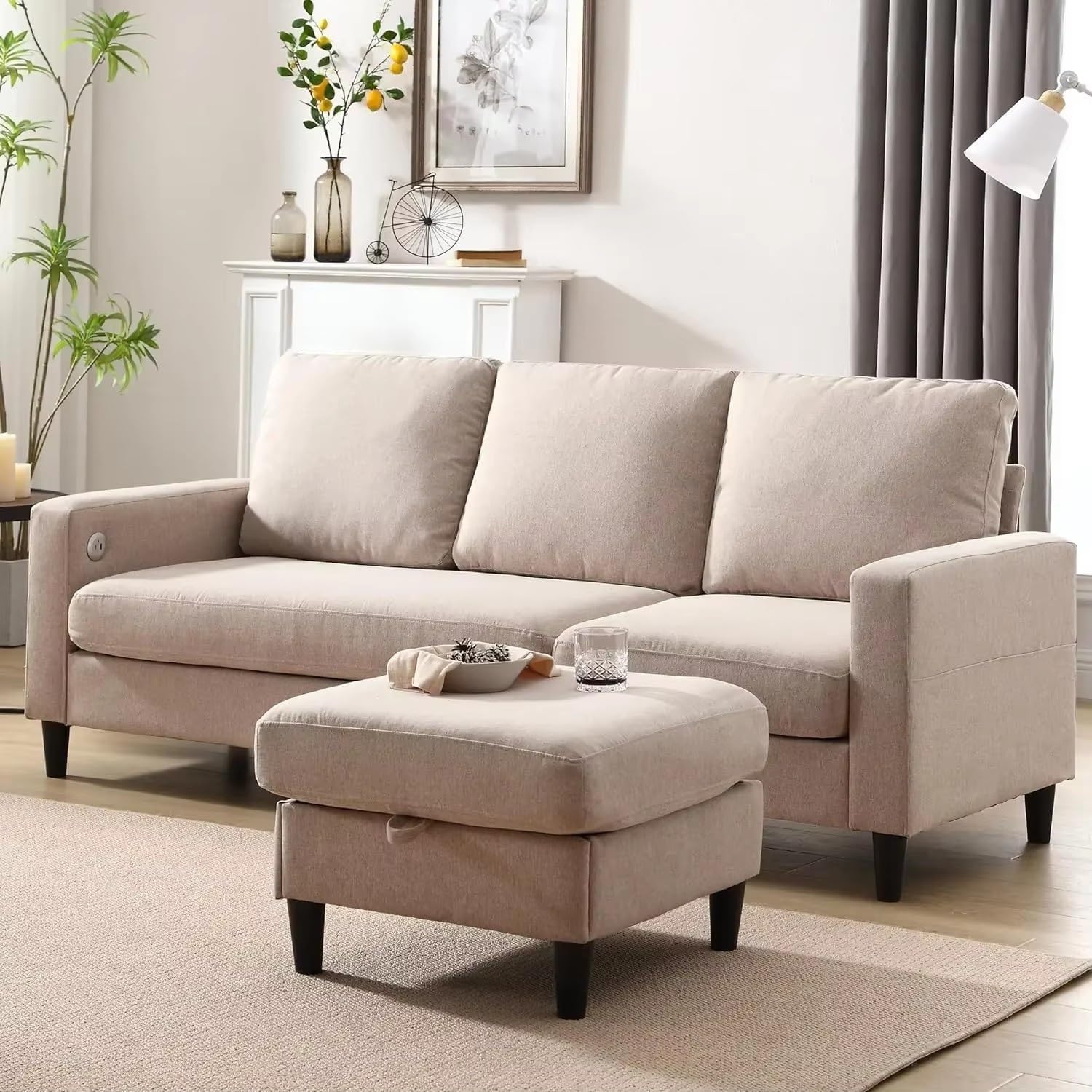 Beige Convertible Sectional Linen Sofa Minimalist Modern L-Shaped Couch 3 Seats Sofas W/Storage Chaise & Charging Port Home Furniture for Living Room Apartment
