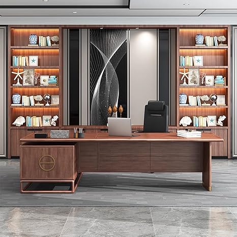 86 inch Wood Executive Office Desk with File Cabinet, L Shaped Computer Desk with Storage Cabinet Gaming Table Business Furniture Set Workstation for Home Office