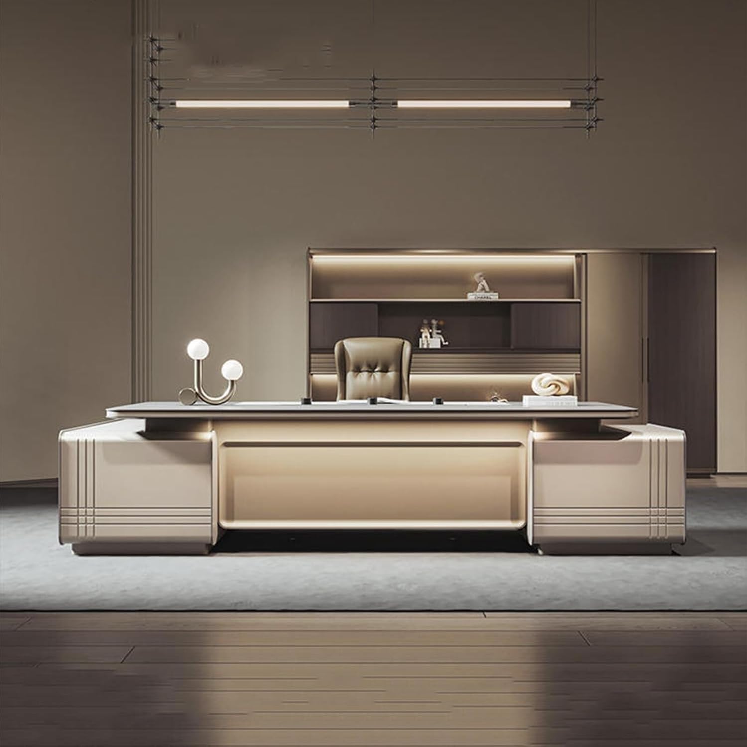 Modern L-Shape Luxury Executive Desk, Business Furniture Large Home Office Desks Computer Table with Light Strip, Fingerprint Password Lock