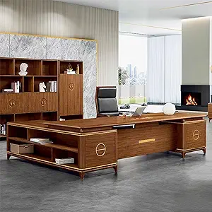 Wood Large Executive Office Desk with File Cabinet, L Shaped Computer Desk with Storage Cabinet Business Furniture Set Workstation for Home Office