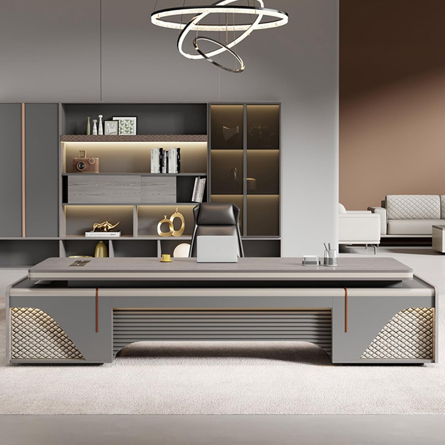 Luxury 94 Inch L-Shaped Executive Desk with Lateral File Cabinet, Modern Large Wood Office Desk Gaming Table Business Furniture Set Workstation for Home Office