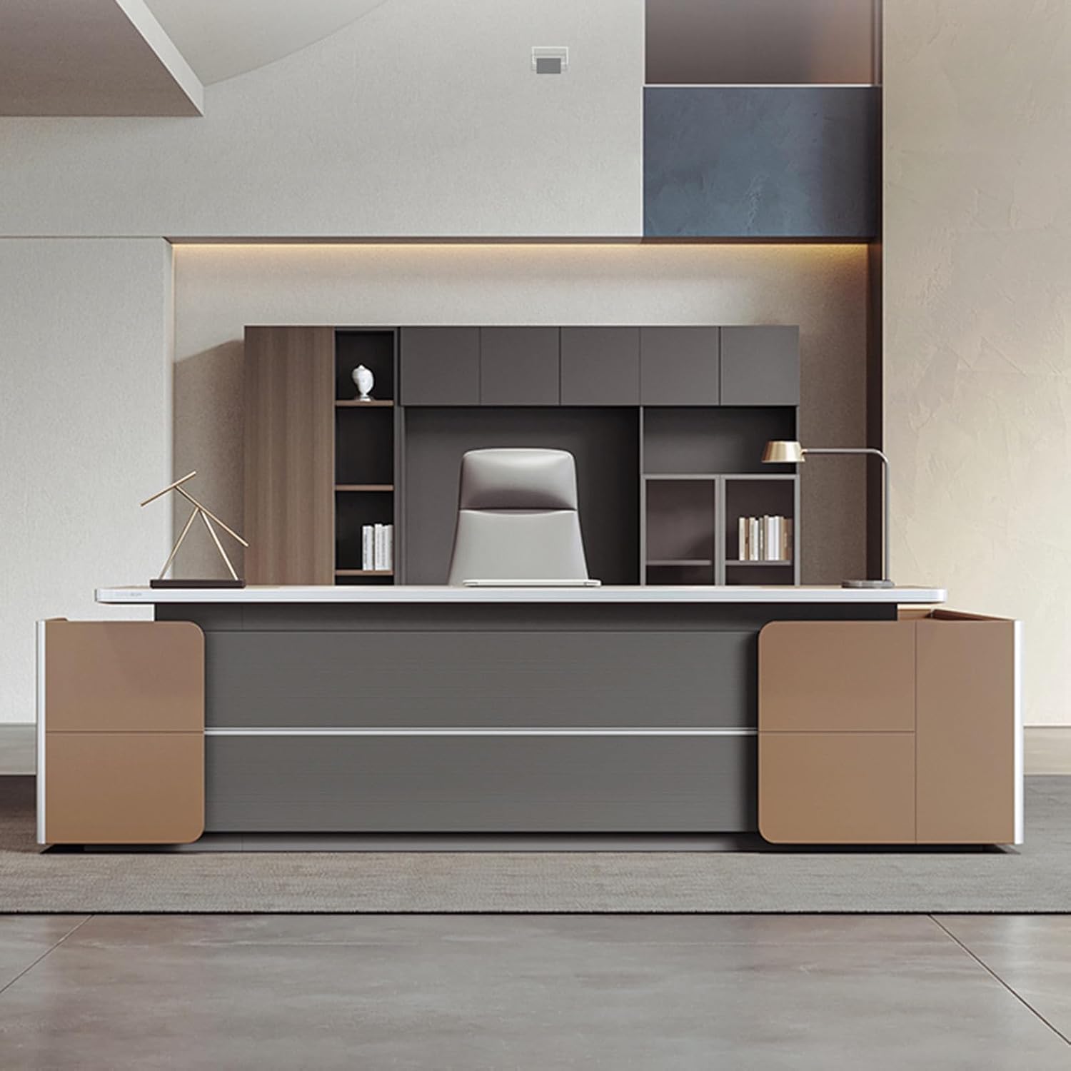 Luxury L-Shaped Executive Desk with Lateral File Cabinet and Bottom Shelves, 94 Inch Modern Office Desk Business Furniture Set Workstation for Home Office