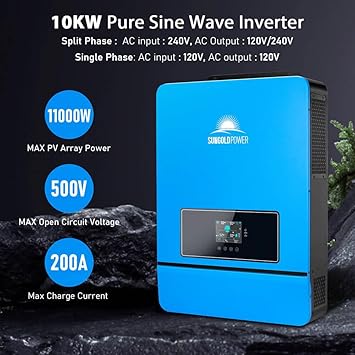 SUNGOLDPOWER 10000W 48V Solar Hybrid Inverter, Built-in 2 MPPT Solar Controllers, Max 200A Battery Charging, AC Input/Output 120V/240V(setable),Pure Sine Wave Inverter(WiFi and BMS COMM) UL1741