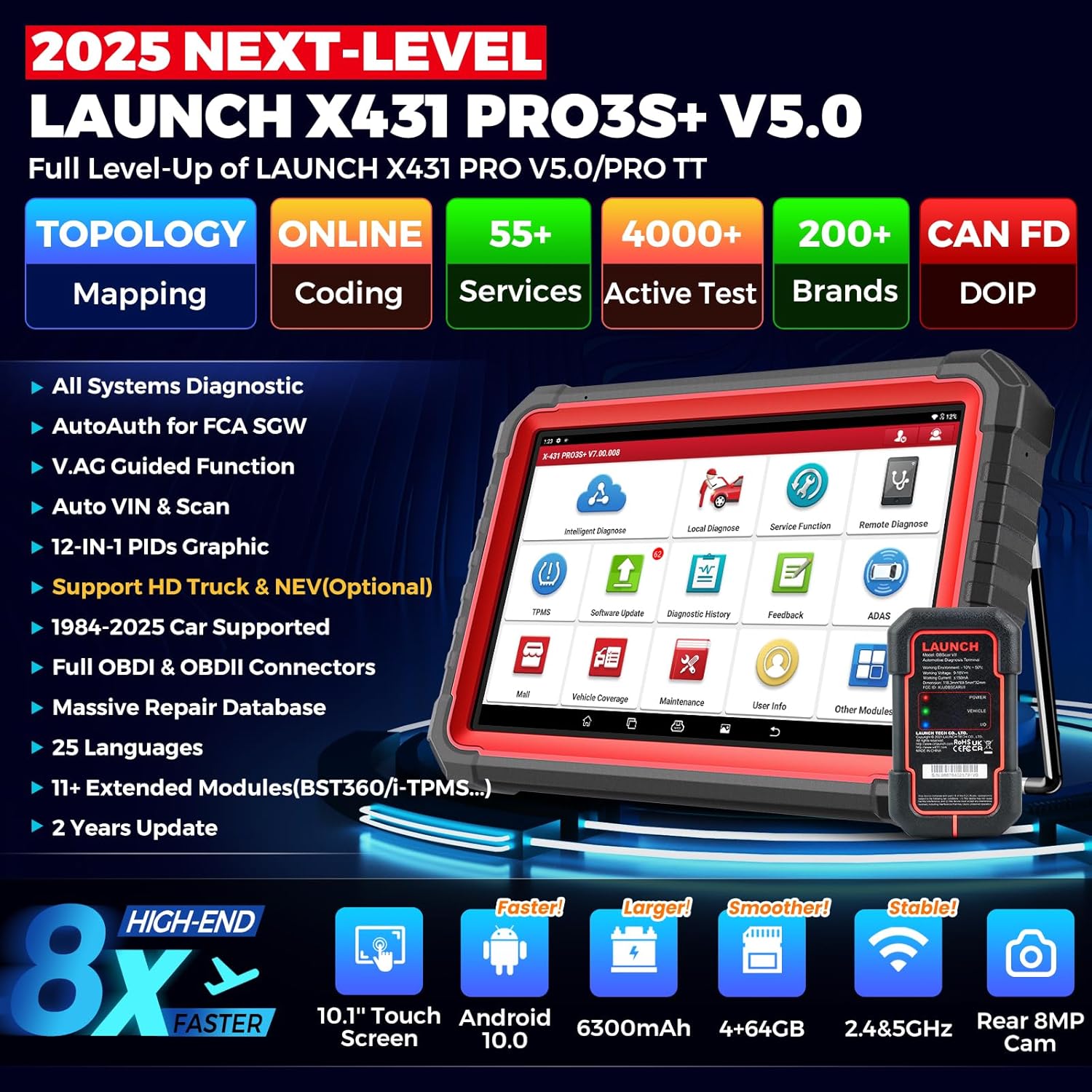 LAUNCH X431 PRO3S+ V5.0 Elite 2025 Upgraded Bidirectional Scan Tool, OEM Topology Map, Scan HD Trucks, ECU Coding, 55+ Services, Full System, CAN FD & DOIP, FCA AutoAuth, V.AG Guided, 2 Yrs Update
