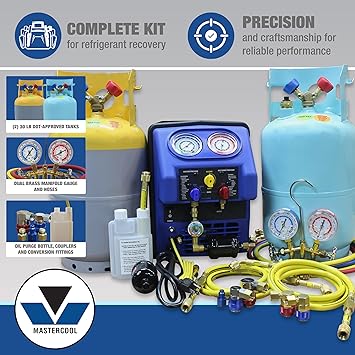 Mastercool 69372 Dual Refrigerant Recovery System – Compatible with R134a & R1234yf, 1/2 HP Oil-Less Compressor, Dual Manifold Gauge Set, 30 lb DOT Tanks with Float Switch
