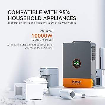 Split-Phase Solar Inverter 10000W 48V to 120V/240V, UL1741 10000W Inverter Built-in 200A MPPT Controller, Support up to 6 Unit Parallel, for Lead Acid Lithium Battery and Batteryless Run