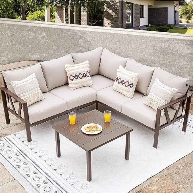 6 Pieces Patio Furniture Sets All Weather Reinforced Wicker Rattan Sofa Set with Side Table Conversation Set(Beige)