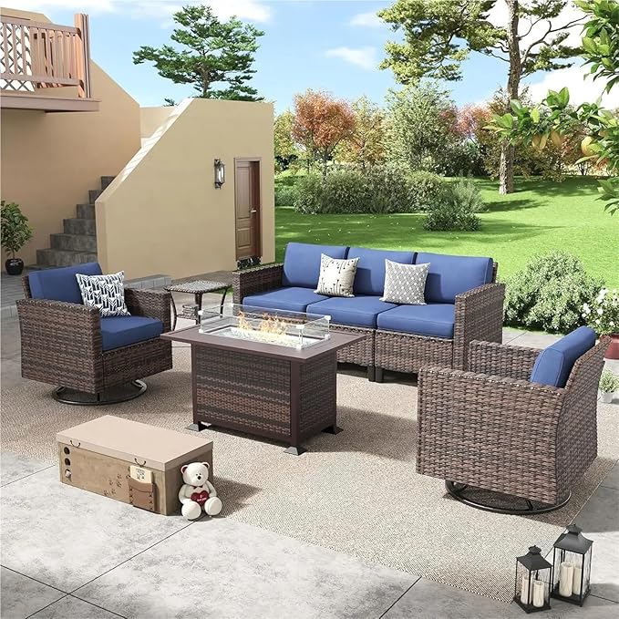 6 Pieces Patio Furniture Sets, All Weather Reinforced Wicker Rattan Sectional Sofa, Outdoor Furniture Sectional Sofa with Swivel Chairs(Navy)