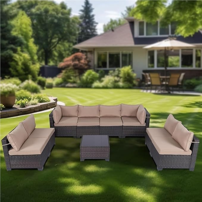 Deck Porch Patio Conversation Set 9 Pieces Wicker Outdoor Furniture Rattan Patio Sectional Sofa Set with Tea Table for Backyard Garden