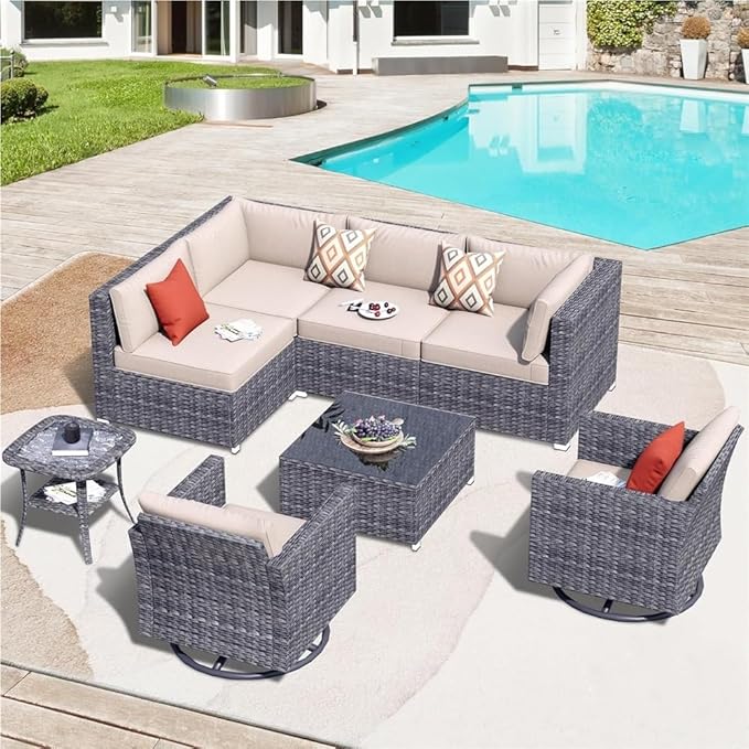 Beige Patio Conversation Set with Tea Table Outdoor Rattan Sofa 8 Pieces Outdoor Patio Porch Furniture Sets with Swivel Rocking Chairs