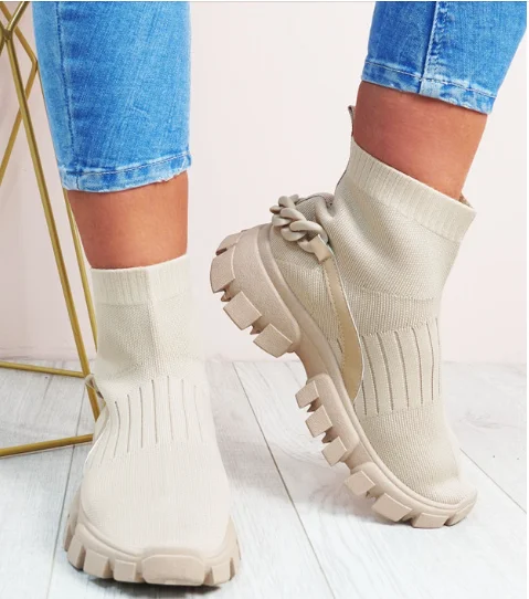 Bottines à semelle épaisse pour femmes, chaussures à plateforme, couleur unie, à enfiler, tricotées, à la mode, décontractées, nouvelle