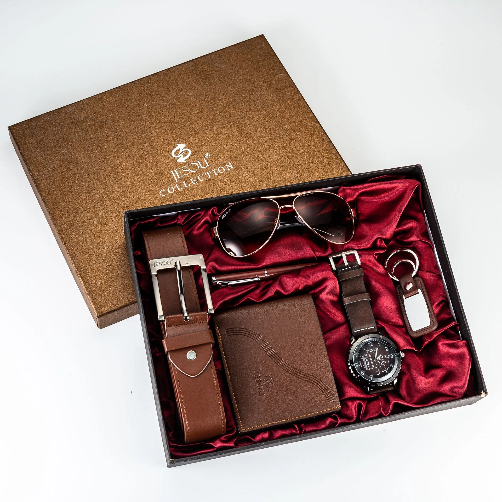 Ensemble de coffret cadeau d'affaires, portefeuille, ceinture, montre, stylo, lunettes, ensemble combiné