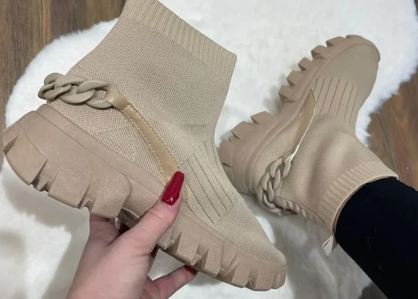 Bottines à semelle épaisse pour femmes, chaussures à plateforme, couleur unie, à enfiler, tricotées, à la mode, décontractées, nouvelle