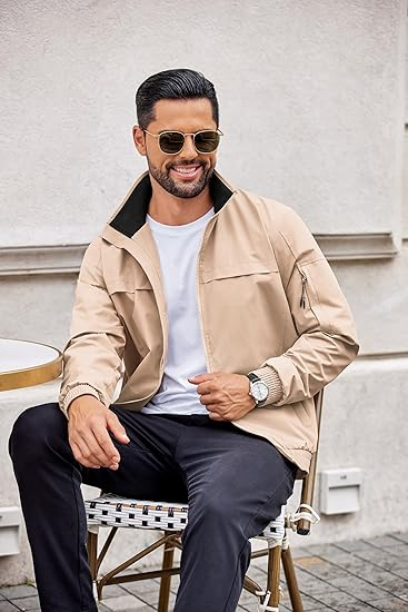 COOFANDY Mens Lightweight Bomber Jackets Stand Collar Windbreaker Softshell Jacket Zip Up Coat for Fall Outdoor