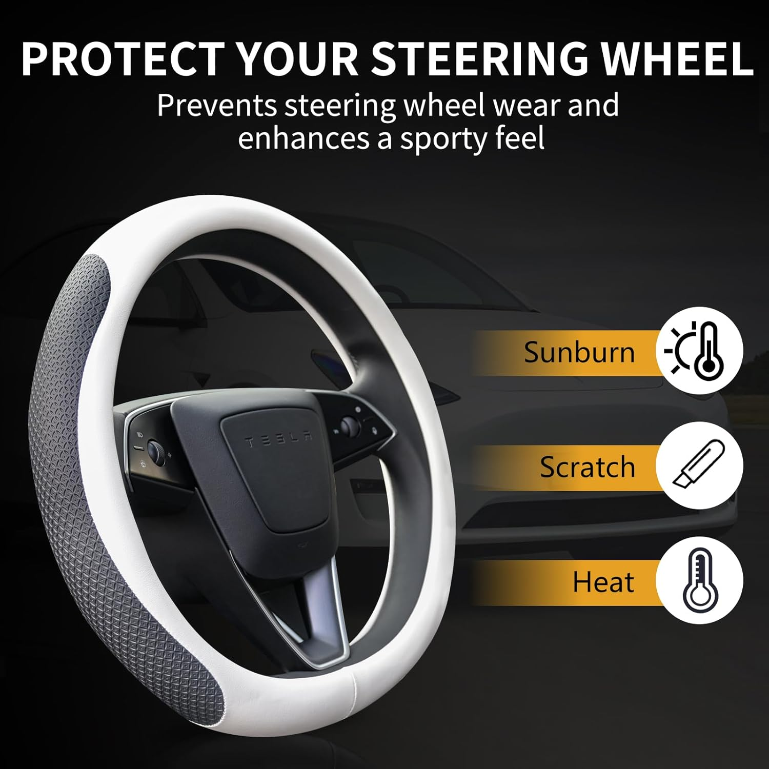 Nappa Leather Steering Wheel Cover for Tesla Model 3/Y 2016-2025 2026 Juniper/Highland, Non-Slip Breathable Tesla Model 3/Y Steering Wheel Protector, White